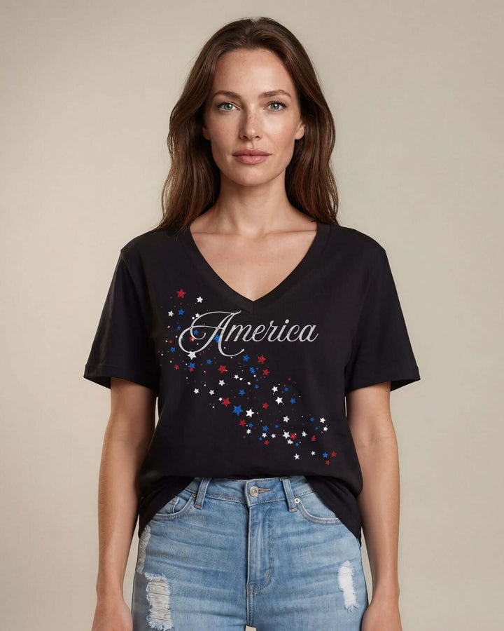 Glitter America script with cascading red, white &amp; blue stars on a black V-neck tee. 100% cotton, USA-milled fabric, made in USA. Perfect for 4th of July.