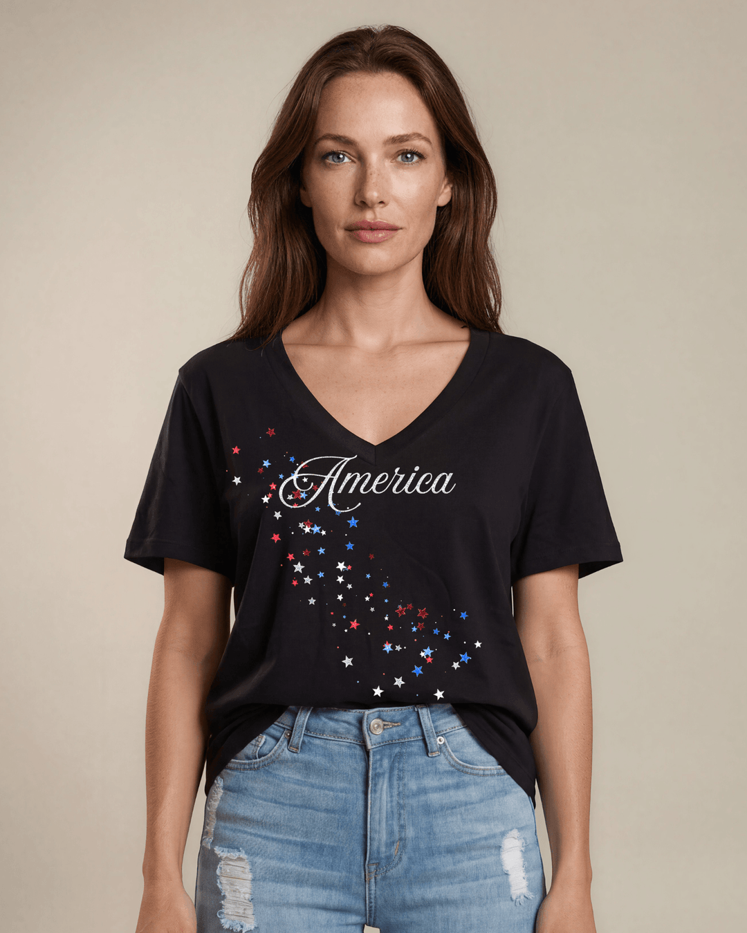 Glitter America script with cascading red, white &amp; blue stars on a black V-neck tee. 100% cotton, USA-milled fabric, made in USA. Perfect for 4th of July.