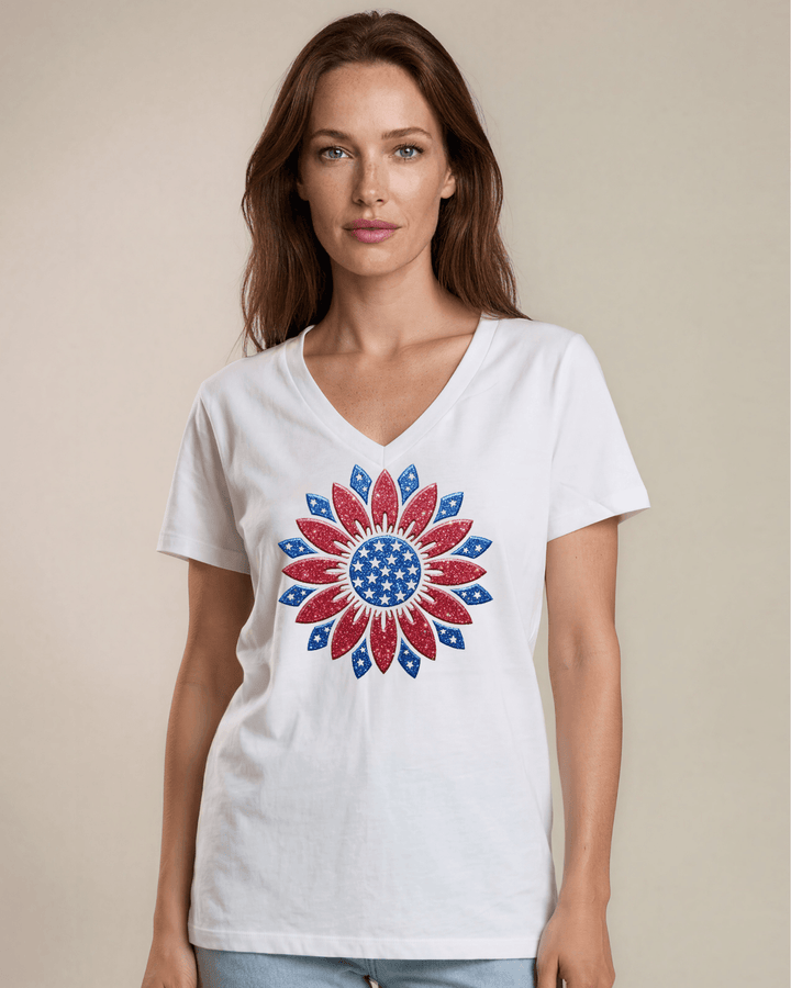 Patriotic Glitter Flower on White Cotton V-Neck Tee | Made in USA