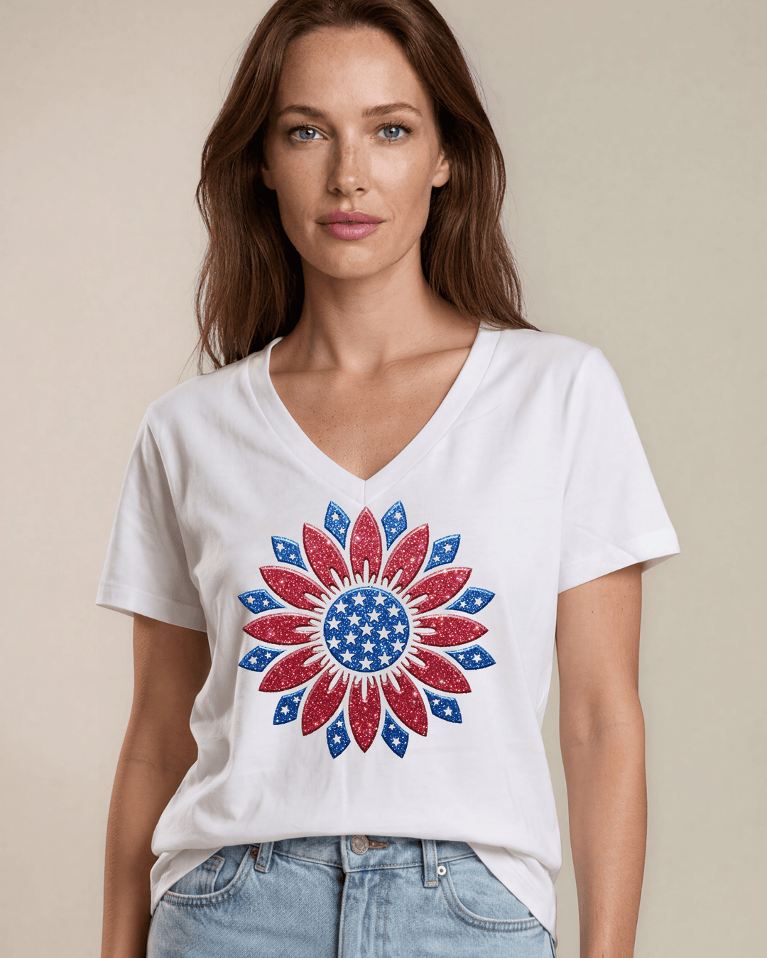 Patriotic Glitter Flower on White Cotton V-Neck Tee | Made in USA