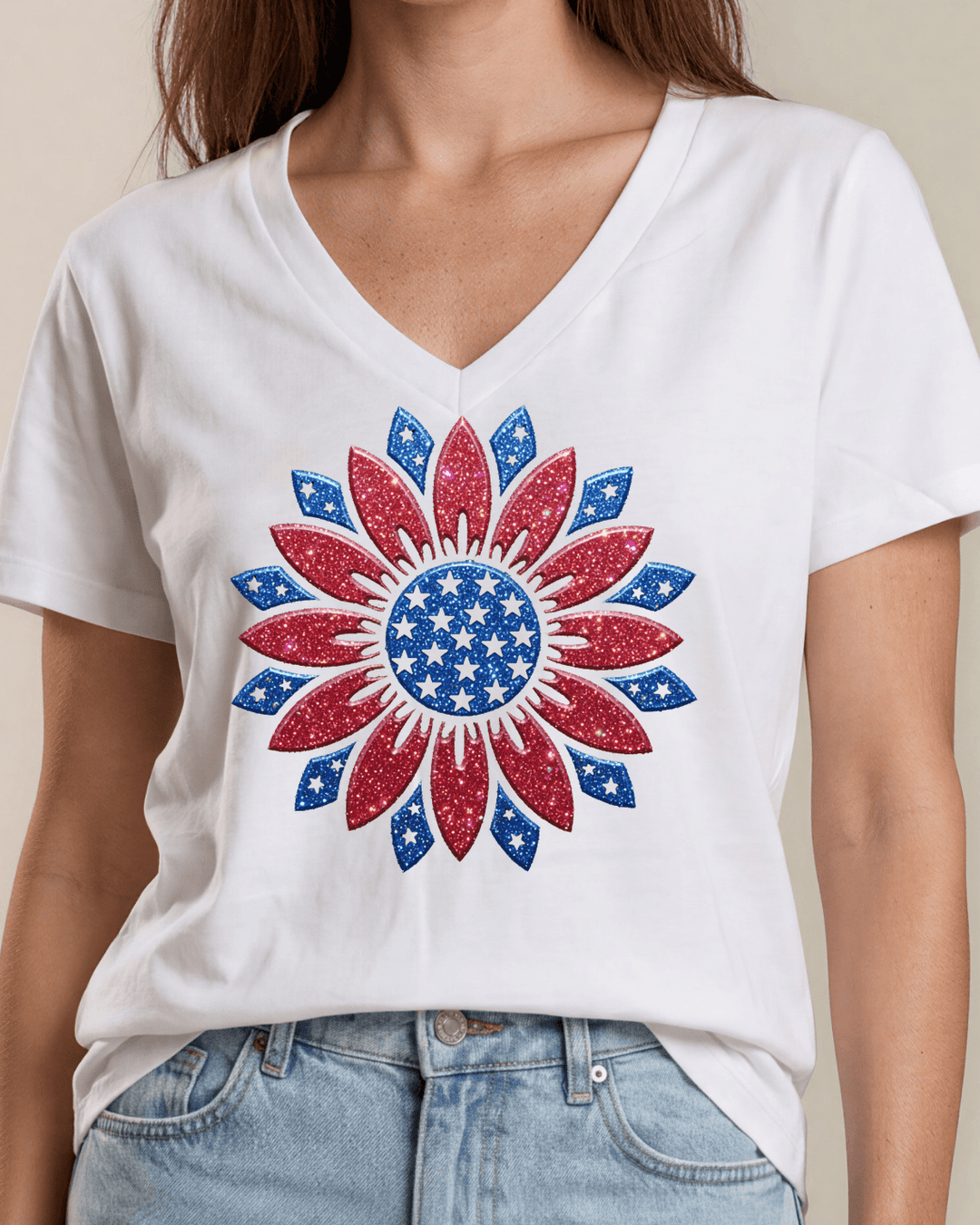 Patriotic Glitter Flower on White Cotton V-Neck Tee | Made in USA