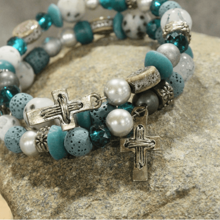 Natural Stone Jewelry Designed and Made in USA, Unique One-of-a-kind Vintage Inspired Gunmetal Cross Charms and Jade Natural Stone Beads Wrap Bracelet