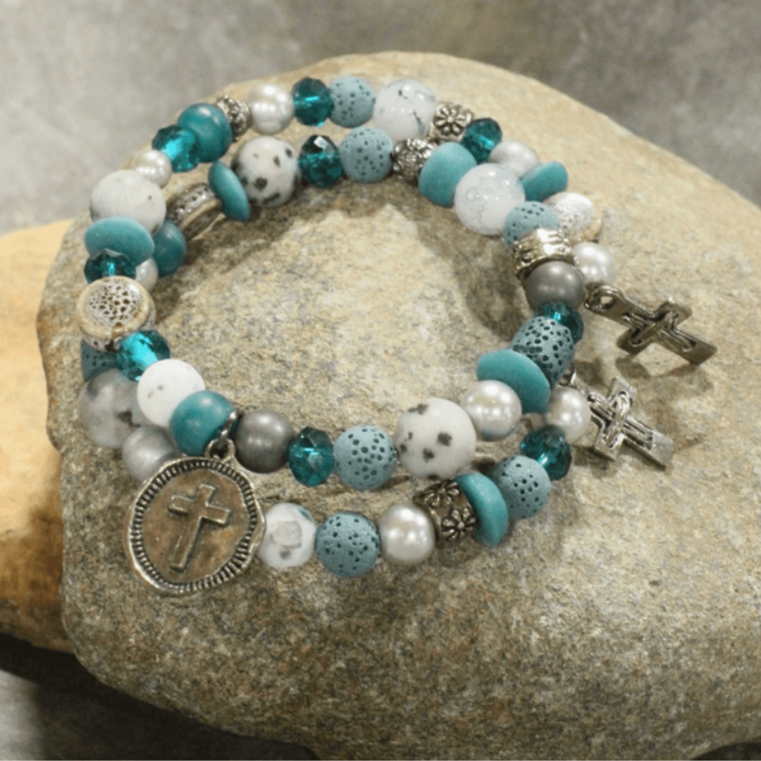 Natural Stone Jewelry Designed and Made in USA, Unique One-of-a-kind Vintage Inspired Gunmetal Cross Charms and Jade Natural Stone Beads Wrap Bracelet