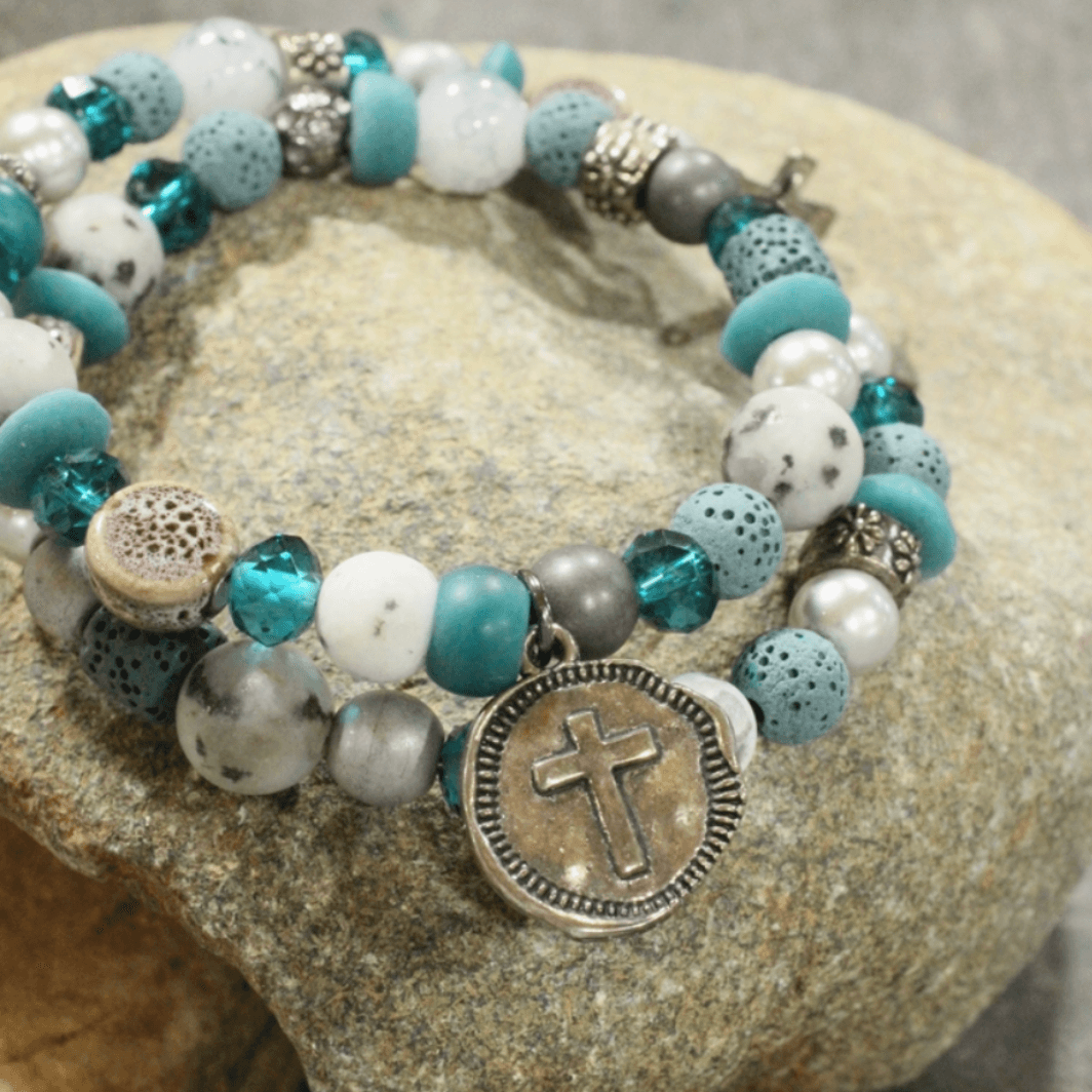 Natural Stone Jewelry Designed and Made in USA, Unique One-of-a-kind Vintage Inspired Gunmetal Cross Charms and Jade Natural Stone Beads Wrap Bracelet