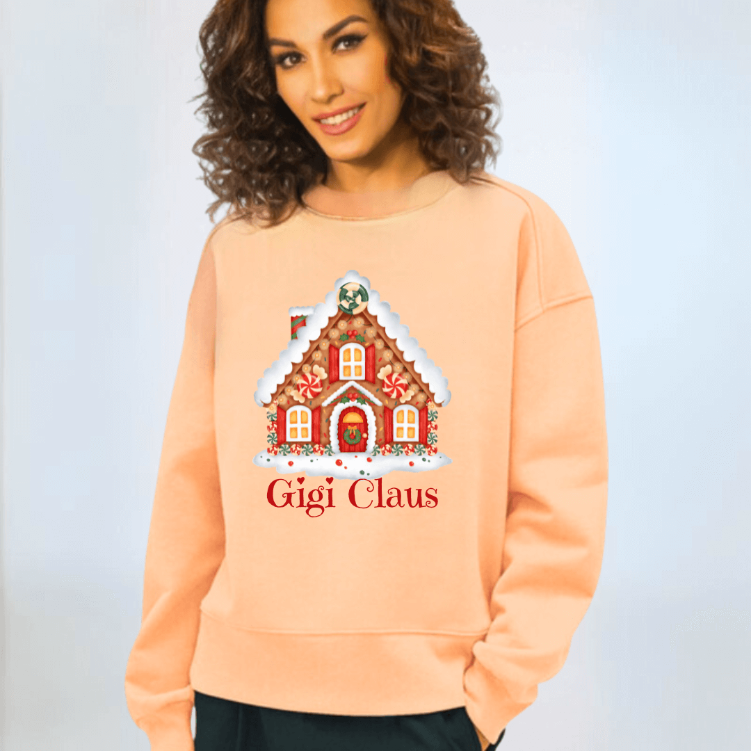 Made in USA Women's Apricot Crew Neck Fleece Sweatshirt with Grandma Clause Christmas House Graphic, Heavyweight Cotton Fleece, Relaxed Fit, Personalized | Classy Cozy Cool Made in USA Boutique