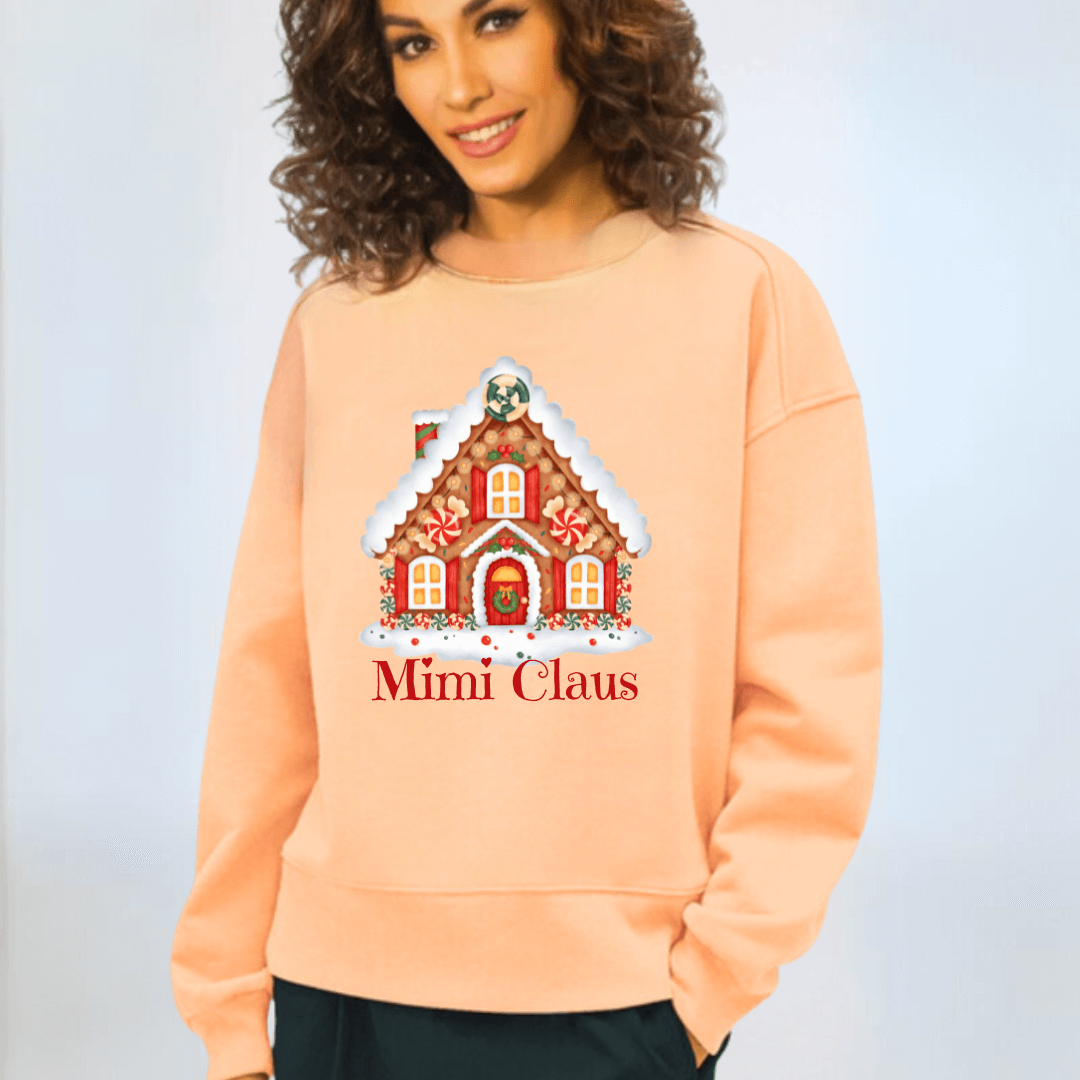 Made in USA Women's Apricot Crew Neck Fleece Sweatshirt with Grandma Clause Christmas House Graphic, Heavyweight Cotton Fleece, Relaxed Fit, Personalized | Classy Cozy Cool Made in USA Boutique