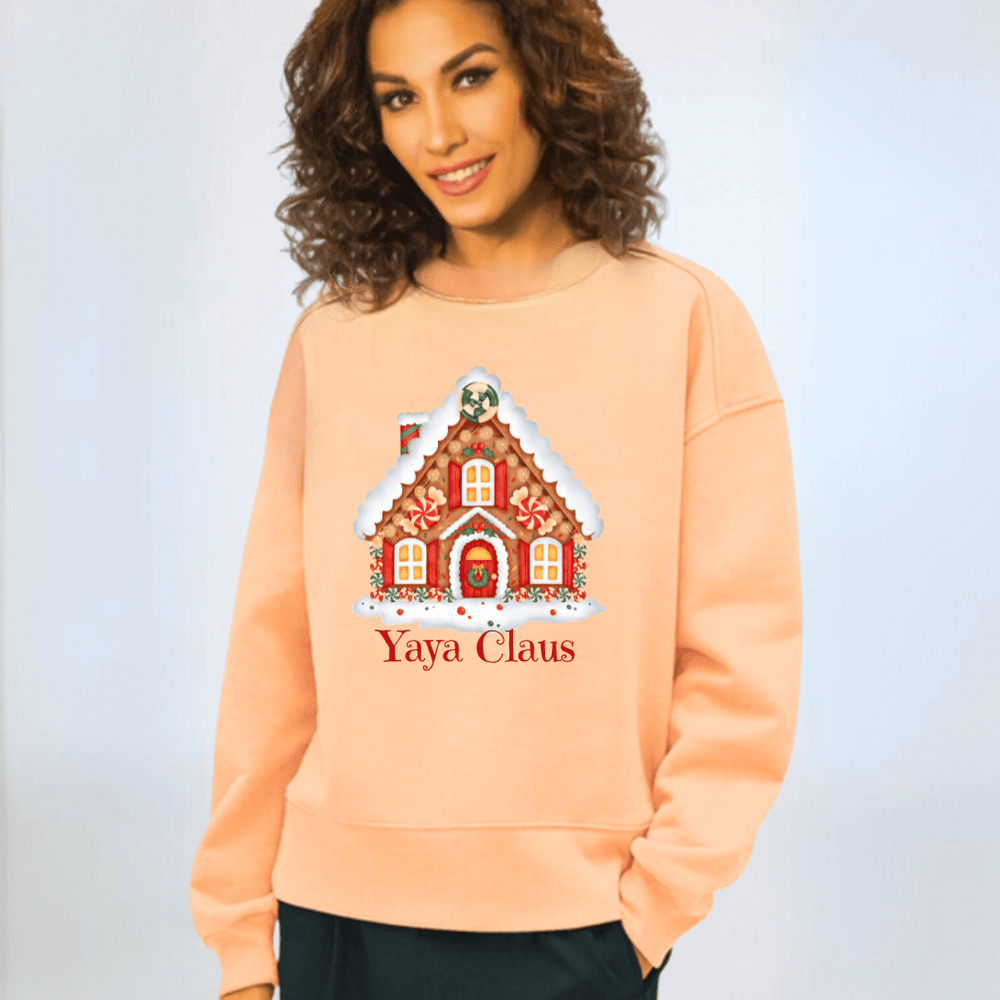 Made in USA Women's Apricot Crew Neck Fleece Sweatshirt with Grandma Clause Christmas House Graphic, Heavyweight Cotton Fleece, Relaxed Fit, Personalized | Classy Cozy Cool Made in USA Boutique