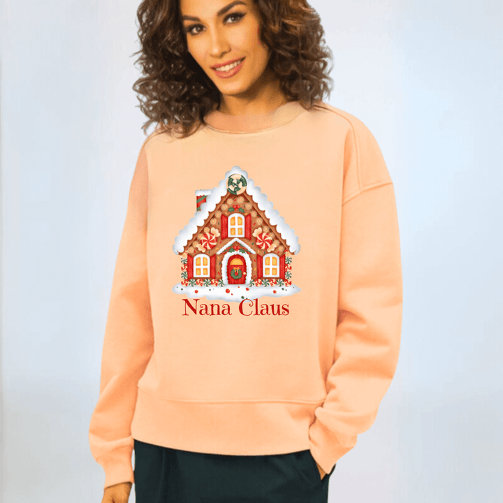 Made in USA Women's Apricot Crew Neck Fleece Sweatshirt with Grandma Clause Christmas House Graphic, Heavyweight Cotton Fleece, Relaxed Fit, Personalized | Classy Cozy Cool Made in USA Boutique