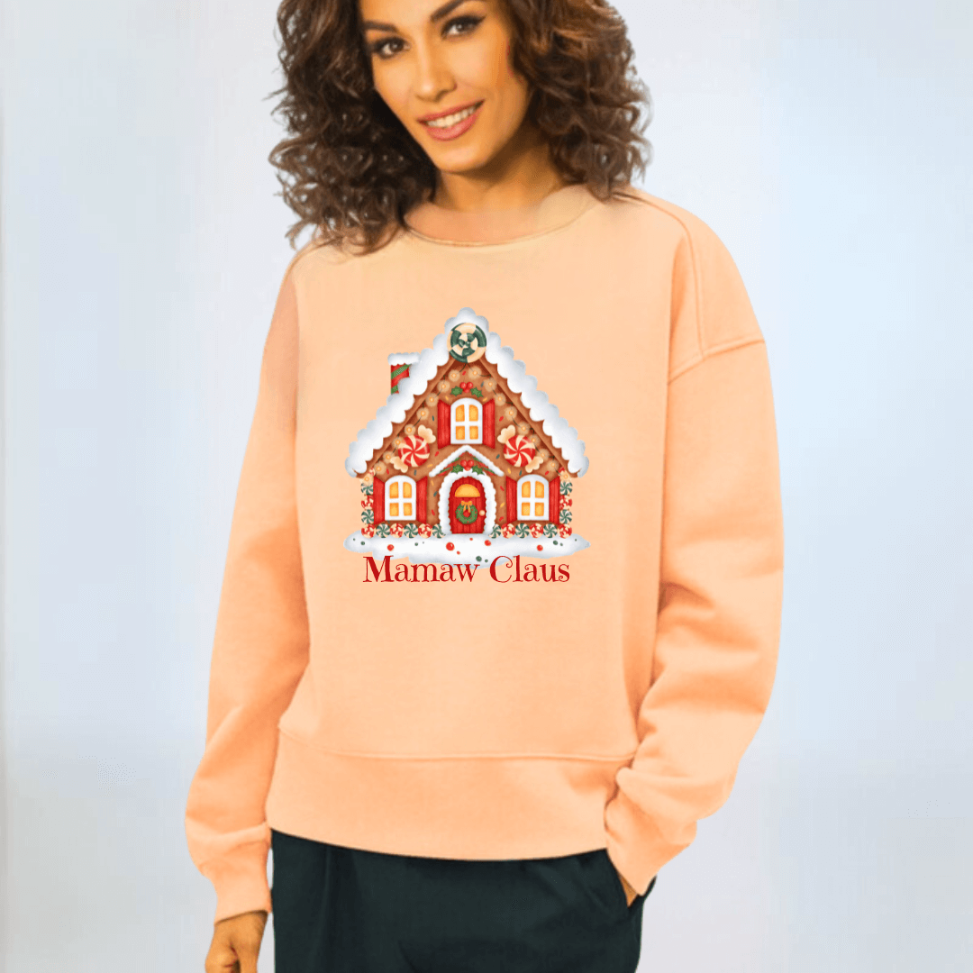 Made in USA Women's Apricot Crew Neck Fleece Sweatshirt with Grandma Clause Christmas House Graphic, Heavyweight Cotton Fleece, Relaxed Fit, Personalized | Classy Cozy Cool Made in USA Boutique