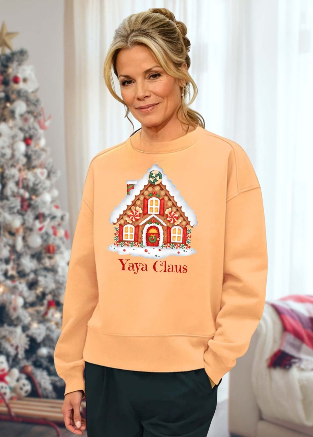 Made in USA Women's Apricot Crew Neck Fleece Sweatshirt with Customizable Grandma Clause Christmas Gingerbread House Graphic, Heavyweight Cotton Fleece