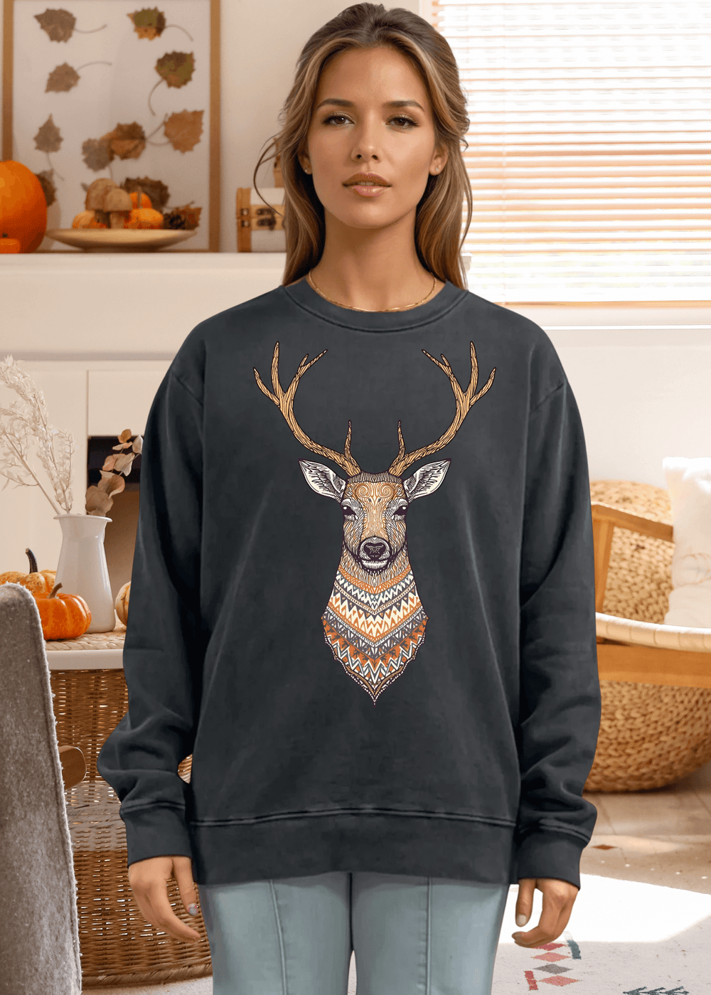 This Artsy Reindeer Graphic Sweatshirt in washed black offers cozy warmth and stylish comfort for fall and winter. Made in USA from 100% heavyweight preshrunk cotton