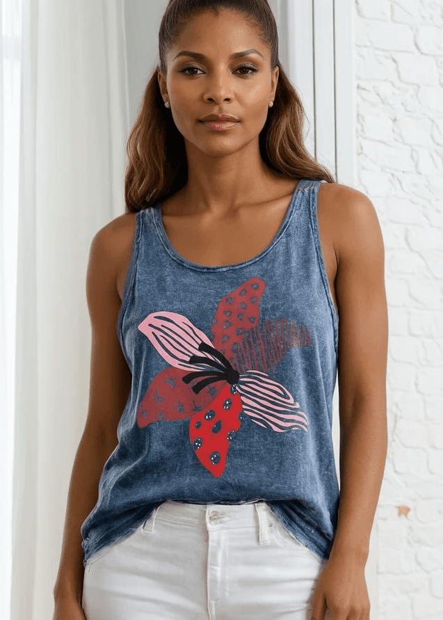 Red Tropical Flower Tank Top | Made in USA Cotton | Mineral Washed, USA-made red tropical floral graphic tank in dark grey blue denim mineral wash. Soft 95% cotton, relaxed loose fit. Grown &amp; sewn in America.