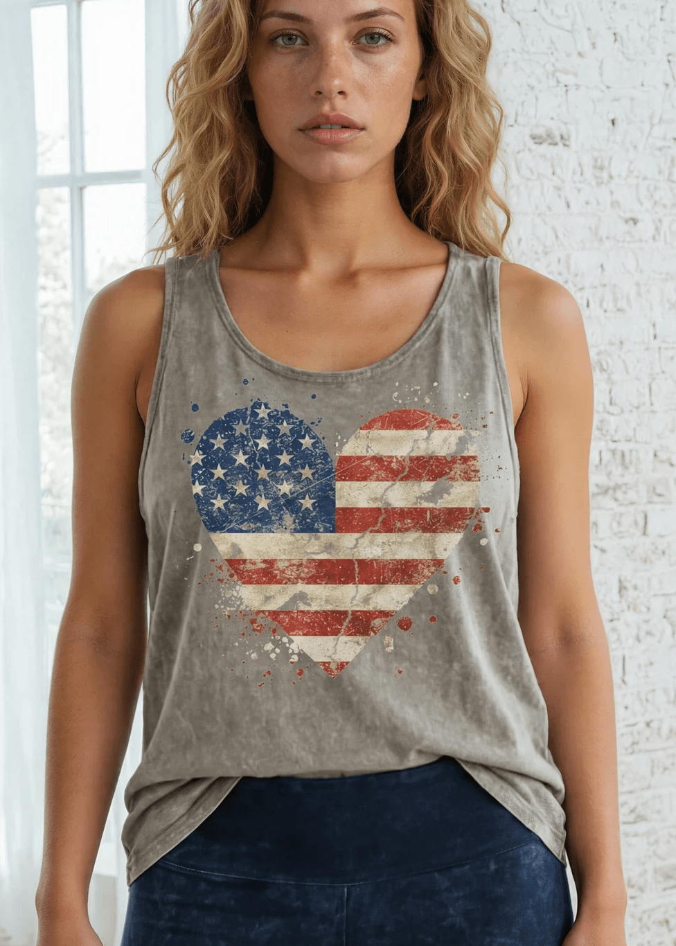 Celebrate America with a distressed  American Flag Heart  graphic tank in stone mineral wash. USA-made, USA-grown cotton, soft 95% cotton, relaxed fit