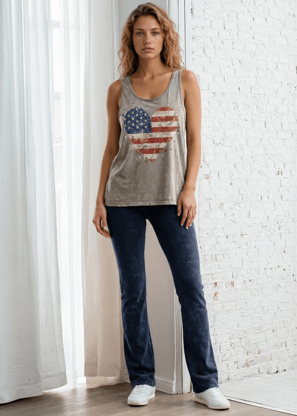 Celebrate America with a distressed  American Flag Heart  graphic tank in stone mineral wash. USA-made, USA-grown cotton, soft 95% cotton, relaxed fit