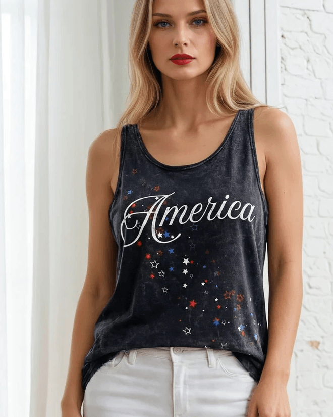 Shop the America Shooting Stars Graphic Tank — Made in USA with USA Grown Cotton. Mineral washed, soft 95% cotton, loose fit. Perfect for 4th of July. Sizes S-XL.