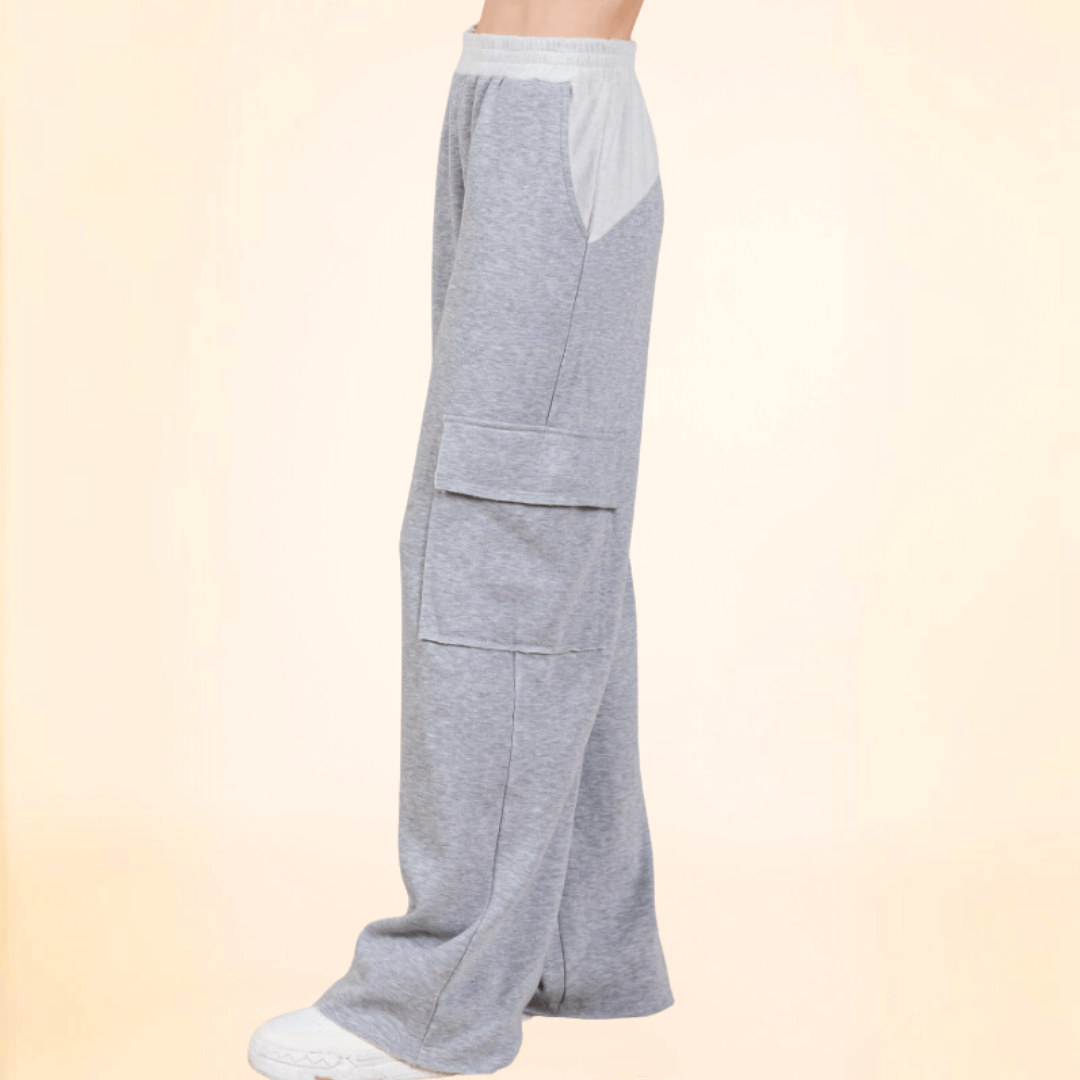 Made in USA Women's French Terry Cargo Sweats Super Soft and Cuddly Cargo Sweat Pants with 4 pockets & Comfortable Thick elastic waist in 2-Tone Grey Baggy Fit 