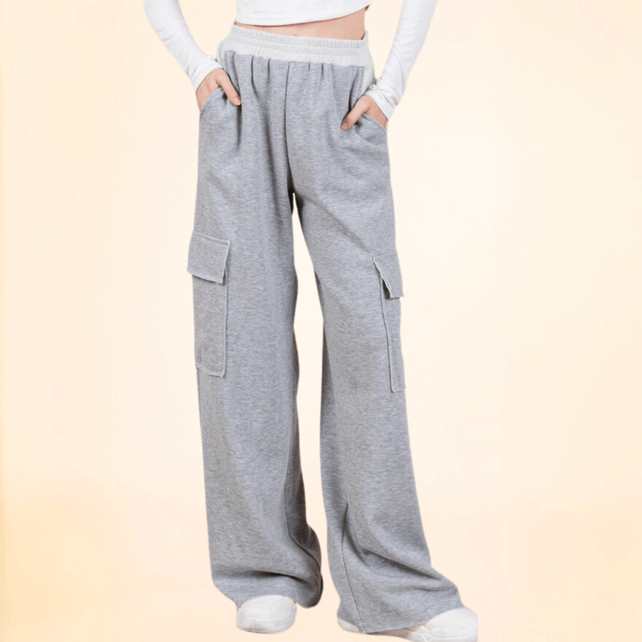 Made in USA Women's French Terry Cargo Sweats Super Soft and Cuddly Cargo Sweat Pants with 4 pockets & Comfortable Thick elastic waist in 2-Tone Grey Baggy Fit 