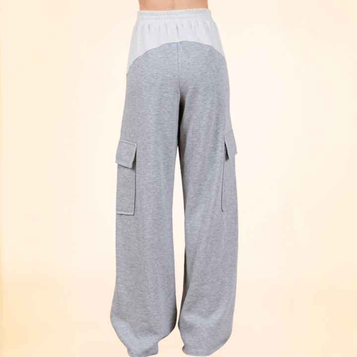 Made in USA Women's French Terry Cargo Sweats Super Soft and Cuddly Cargo Sweat Pants with 4 pockets & Comfortable Thick elastic waist in 2-Tone Grey Baggy Fit 