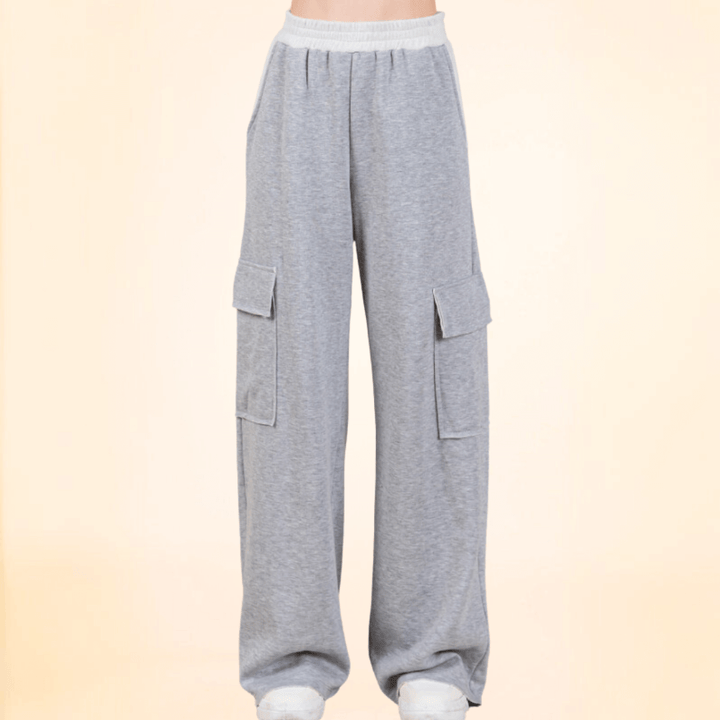 Made in USA Women's French Terry Cargo Sweats Super Soft and Cuddly Cargo Sweat Pants with 4 pockets & Comfortable Thick elastic waist in 2-Tone Grey Baggy Fit 