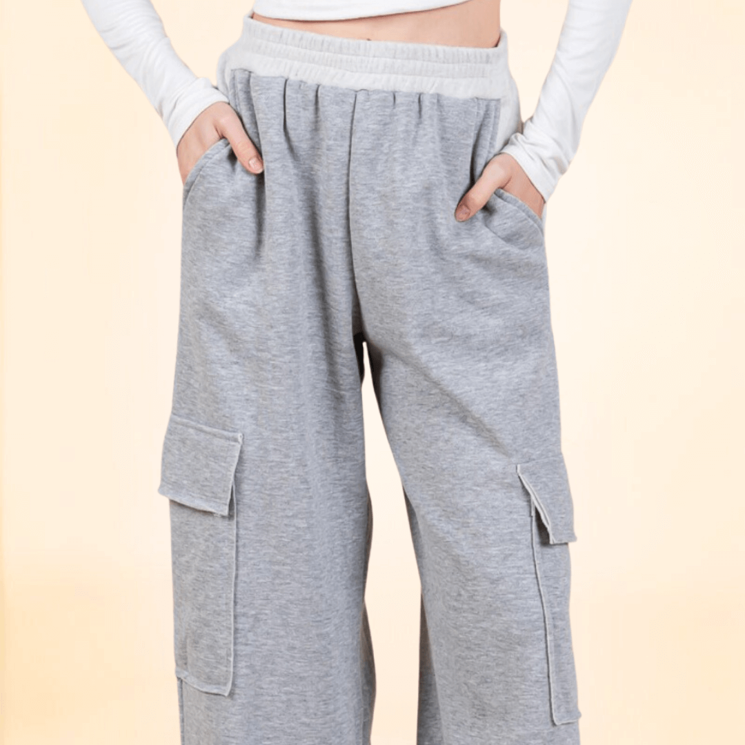 Made in USA Women's French Terry Cargo Sweats Super Soft and Cuddly Cargo Sweat Pants with 4 pockets & Comfortable Thick elastic waist in 2-Tone Grey Baggy Fit 