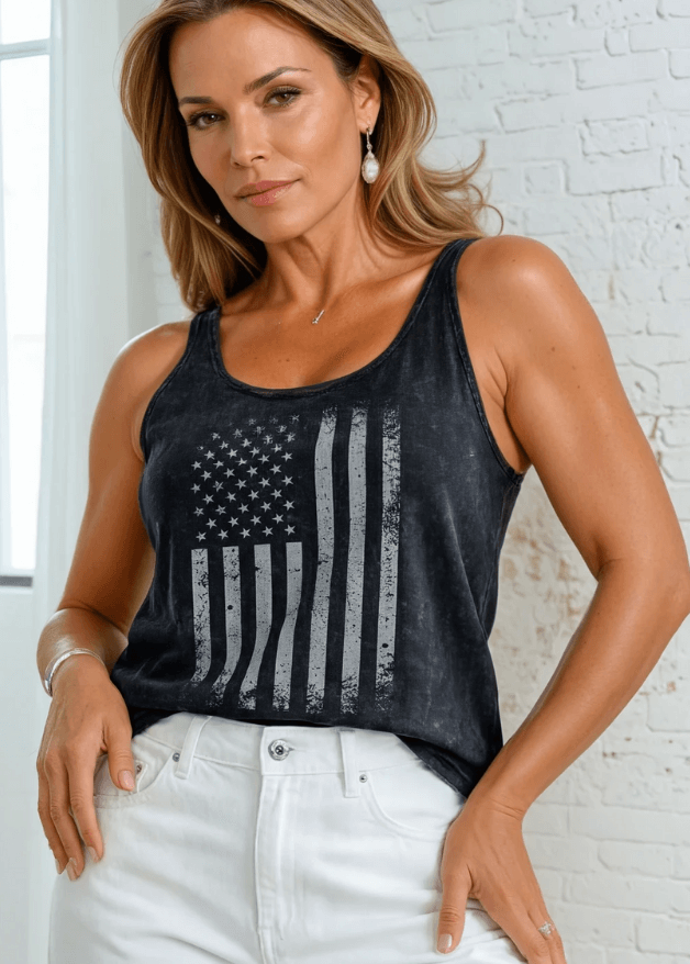 Made in USA Distressed American Flag Graphic Twenty Four Seven Tank Top | Women's Sustainable and durable premium America-made cotton tank top, in Mineral Washed Vintage Black, Wide Round Neck, Loose Fit, Perfect for Layering | Classy Cozy Cool Style C11315