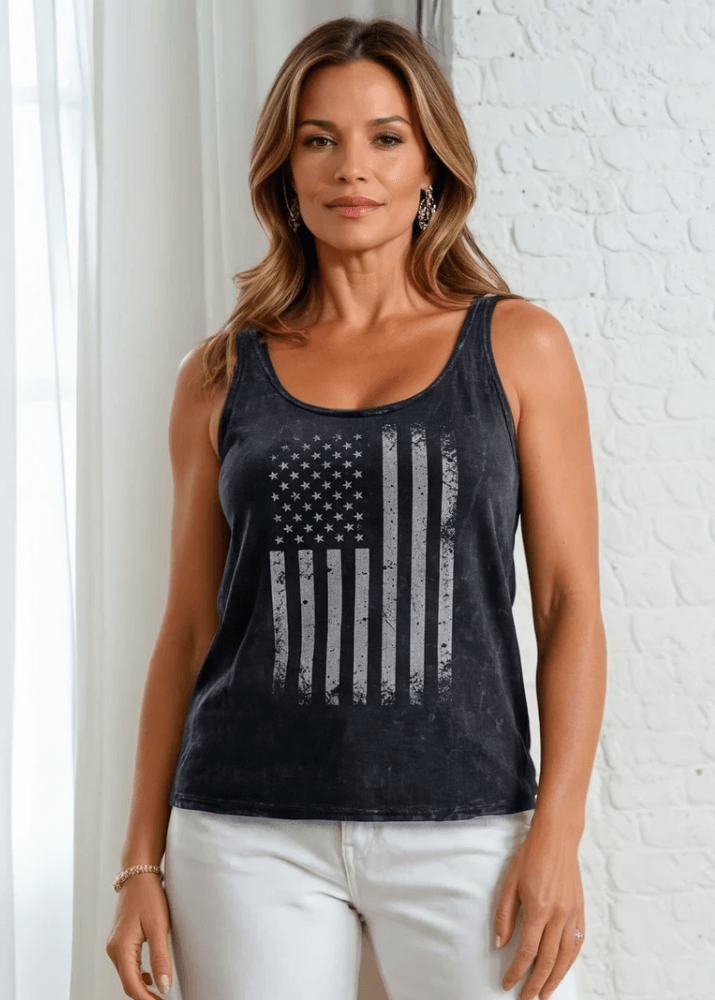 Made in USA Distressed American Flag Graphic Twenty Four Seven Tank Top | Women's Sustainable and durable premium America-made cotton tank top, in Mineral Washed Vintage Black, Wide Round Neck, Loose Fit, Perfect for Layering | Classy Cozy Cool Style C11315