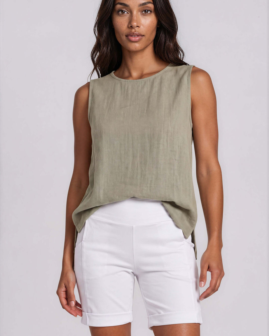 Sage olive sleeveless tank top with a round neckline, relaxed easy fit, and lightweight draping rayon-linen fabric. Made in USA