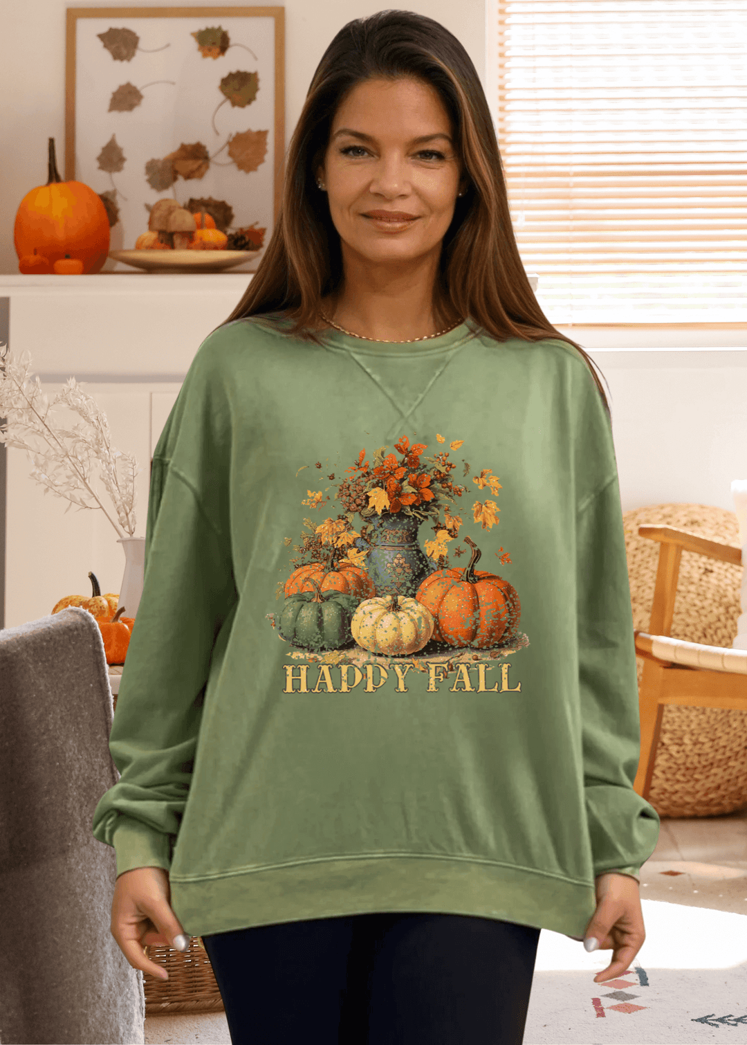 Celebrate the season in cozy style with this USA made vintage look oversized "Happy Fall" sweatshirt with charming pumpkins and fall flowers. 100% USA Cotton