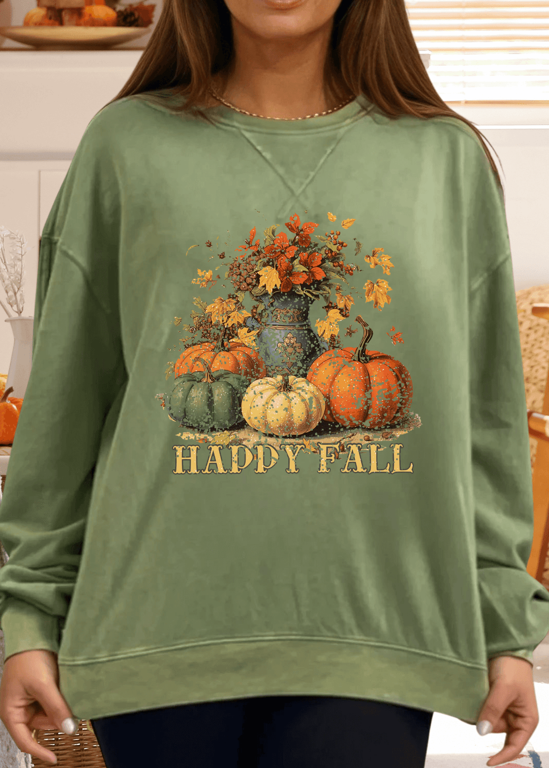 Made in USA Women's "Happy Fall" Graphic Oversized Cotton Mineral Washed Sweatshirt  in Antique Sage Green | Made with USA Cotton | Classy Cozy Cool Women's Made in America Boutique, For Fall and Thanksgiving