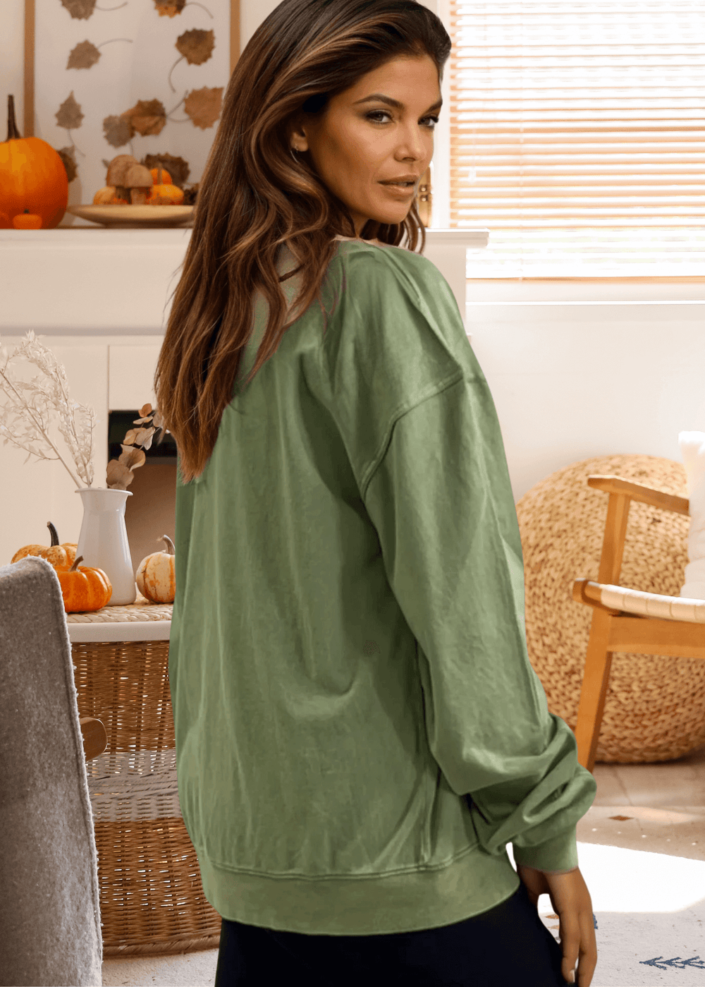 Made in USA Women's "Happy Fall" Graphic Oversized Cotton Mineral Washed Sweatshirt  in Antique Sage Green | Made with USA Cotton | Classy Cozy Cool Women's Made in America Boutique, For Fall and Thanksgiving