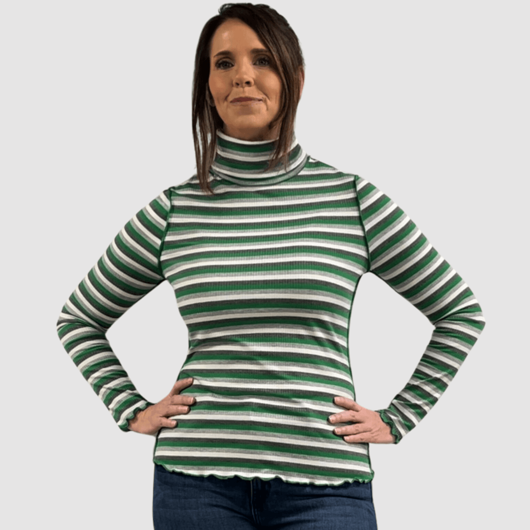 Made in USA Women's Super Cute Green and White Striped Turtle Neck Top, Lightweight Ribbed knit fabric, Lettuce merrow stitch detail at Cuffs & Hem, Inside Out Seams 