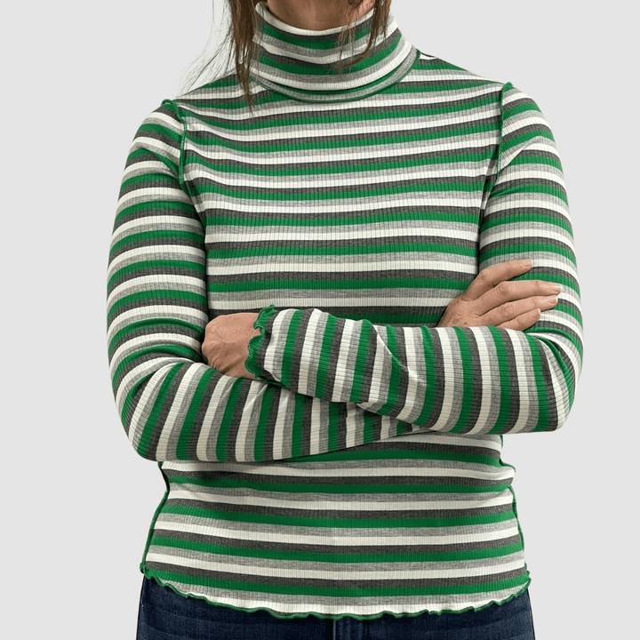 Made in USA Women's Super Cute Green and White Striped Turtle Neck Top, Lightweight Ribbed knit fabric, Lettuce merrow stitch detail at Cuffs & Hem, Inside Out Seams 