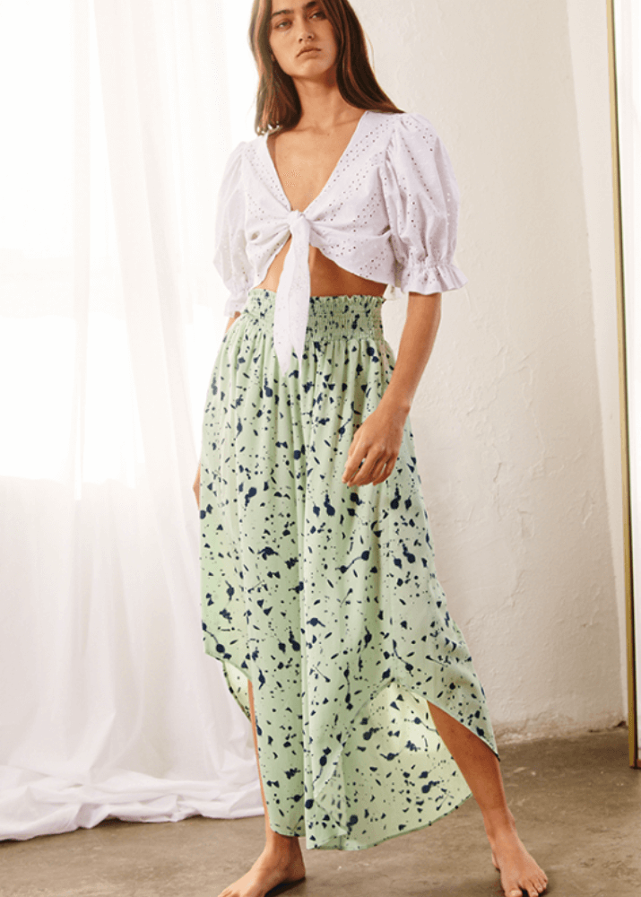 Made in USA Women's Fun Lime Green and Navy Splatter Printed Smocked Waist Pants with Pockets and Asymmetrical Cropped Hem | Brand: Bucket List Style P5024  | Made in USA 