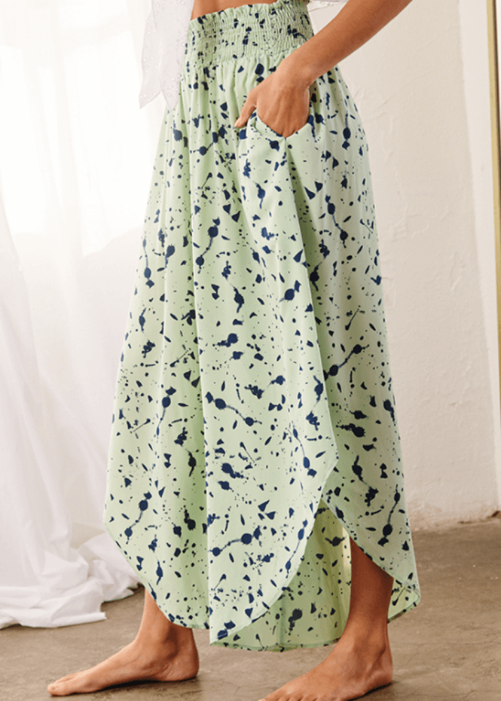 Made in USA Women's Fun Lime Green and Navy Splatter Printed Smocked Waist Pants with Pockets and Asymmetrical Cropped Hem | Brand: Bucket List Style P5024  | Made in USA 