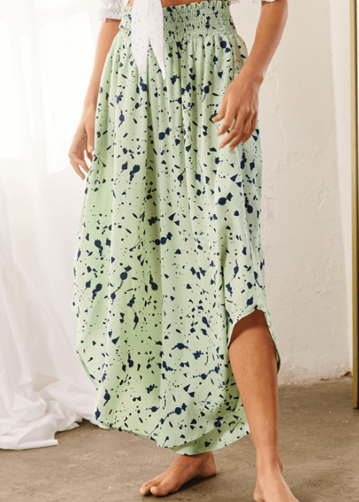 Made in USA Women's Fun Lime Green and Navy Splatter Printed Smocked Waist Pants with Pockets and Asymmetrical Cropped Hem | Brand: Bucket List Style P5024  | Made in USA 