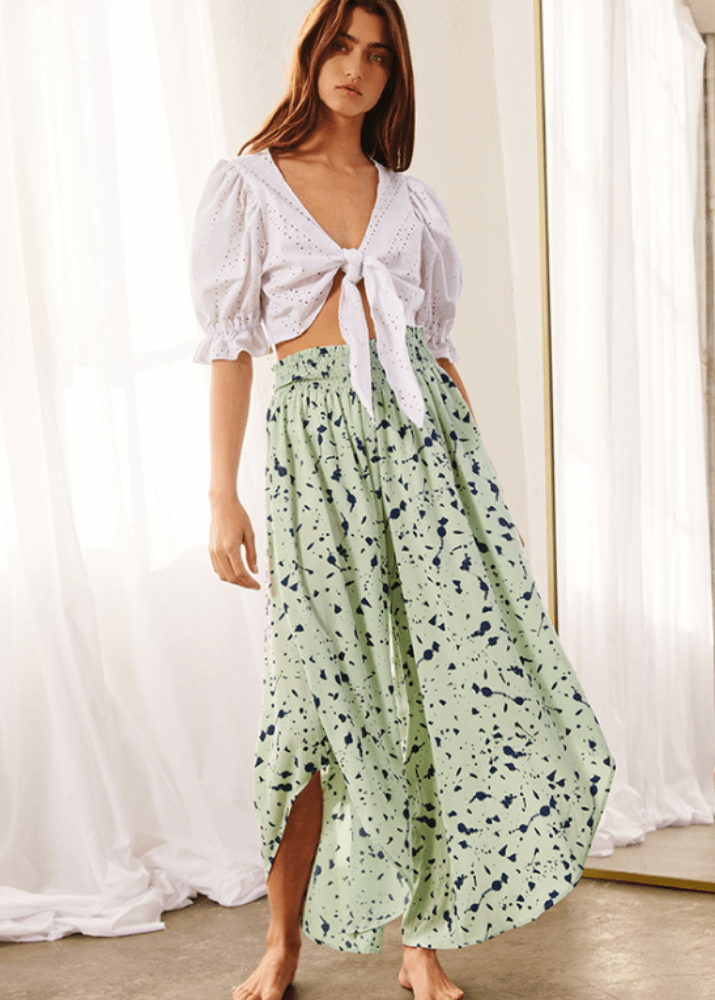 Made in USA Women's Fun Lime Green and Navy Splatter Printed Smocked Waist Pants with Pockets and Asymmetrical Cropped Hem | Brand: Bucket List Style P5024  | Made in USA 