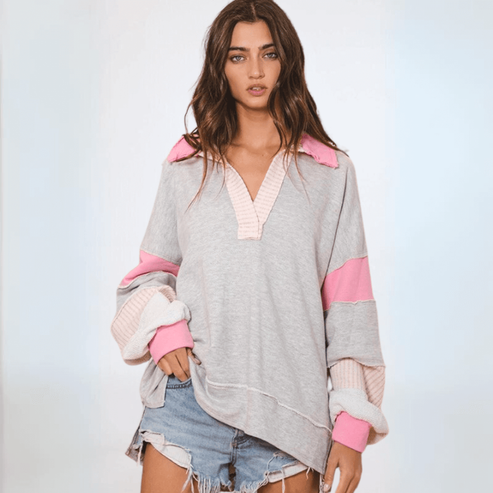 Brand: Bucket List Clothing Style# T2004 | Oversized Ladies French Terry 100% Cotton Color Block Sweatshirt with Collar in Grey/Pink | Made in USA