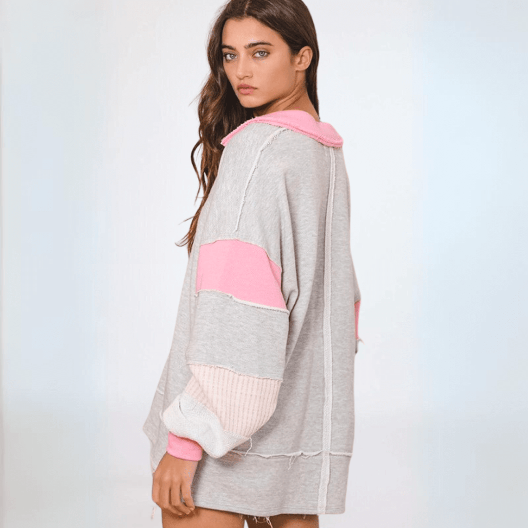 Brand: Bucket List Clothing Style# T2004 | Oversized Ladies French Terry 100% Cotton Color Block Sweatshirt with Collar in Grey/Pink | Made in USA