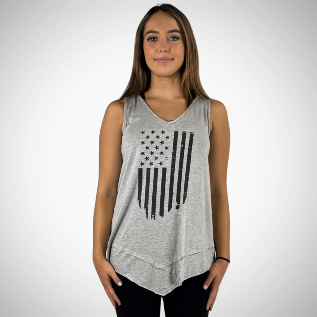 USA Made  American Flag Graphic Ladies Light Heather Grey Sleeveless V-Neck Asymmetrical Top  | Classy Cozy Cool Women's American Made Boutique