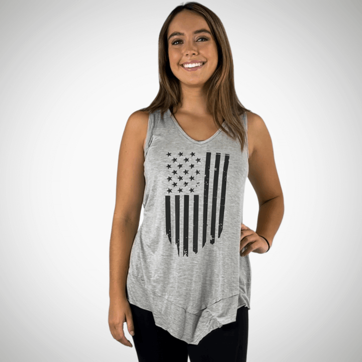 USA Made  American Flag Graphic Ladies Light Heather Grey Sleeveless V-Neck Asymmetrical Top  | Classy Cozy Cool Women's American Made Boutique