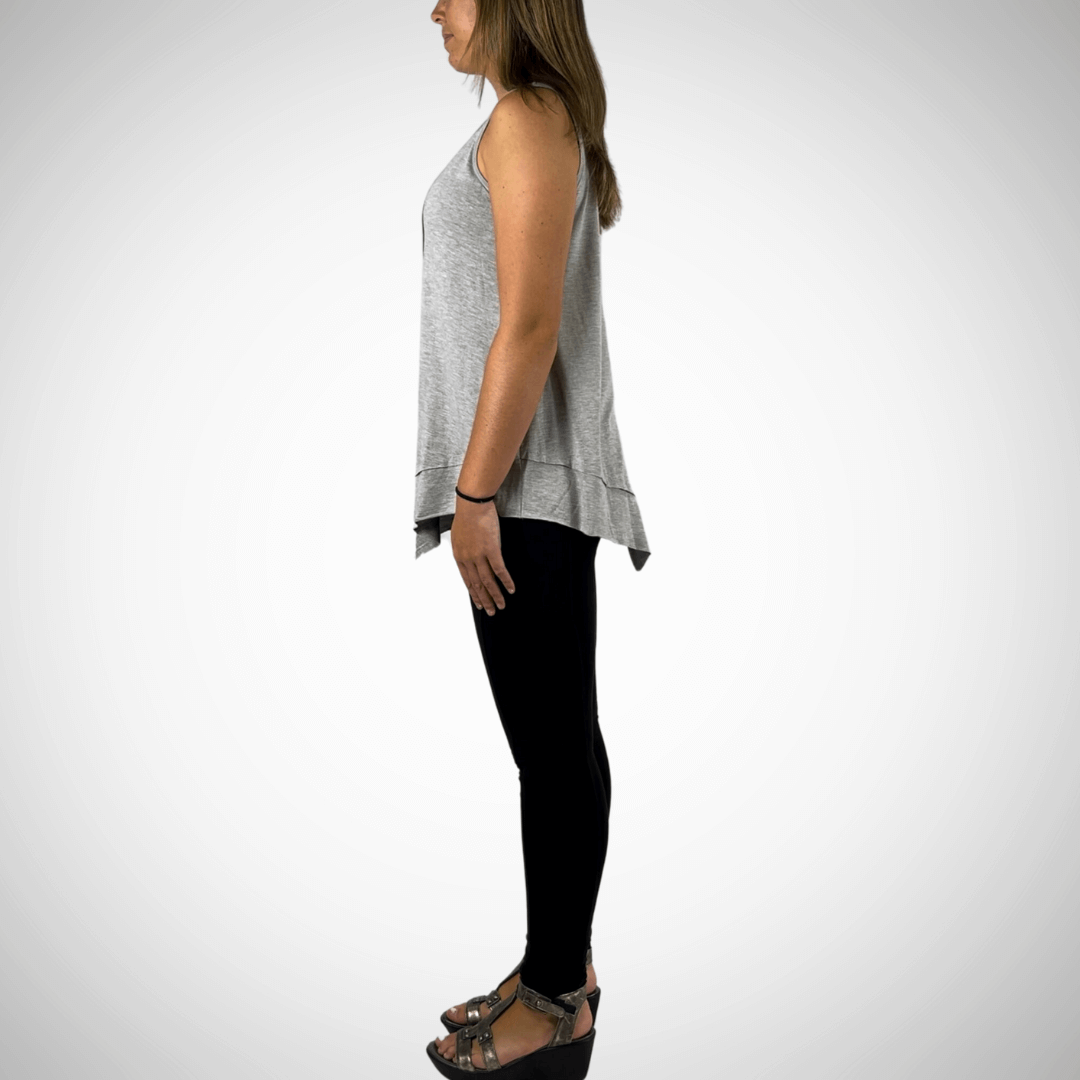 USA Made  American Flag Graphic Ladies Light Heather Grey Sleeveless V-Neck Asymmetrical Top  | Classy Cozy Cool Women's American Made Boutique