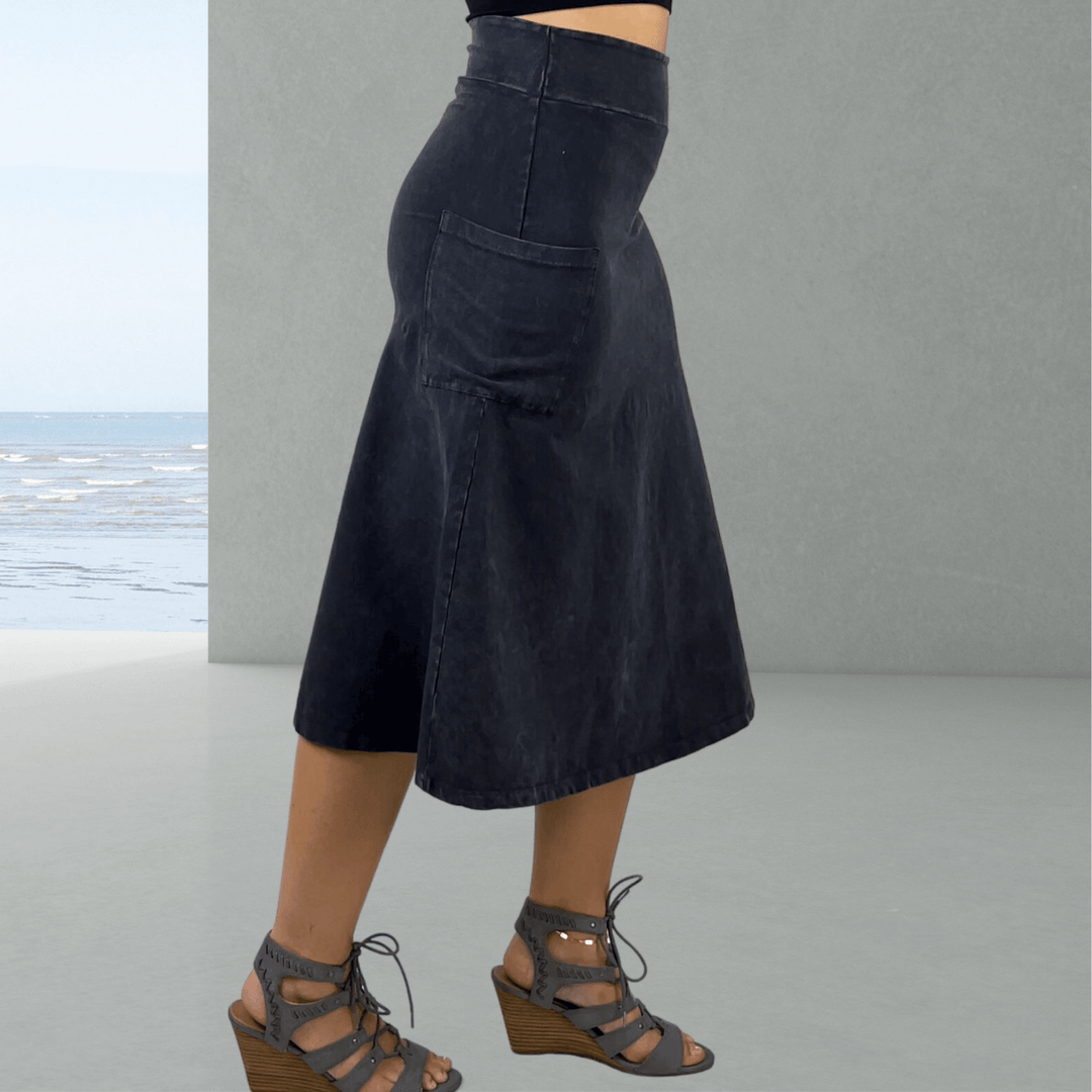 Made in USA Women's All Season Versatile Mineral Washed Cotton Stretch Midi Skirt, Side Patch Pockets, High Waist, Comfortable & Soft 4 Way stretch in Dark Grey-Blue Denim | Only Sold at Classy Cozy Cool Made in America Boutique