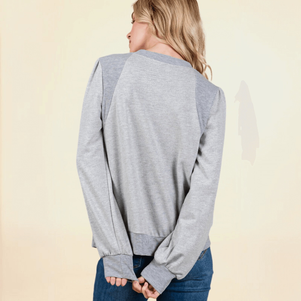 Made in USA Women's French Terry Solid Long Sleeve Sweatshirt, 2-Tone Grey Detail, Round neck, Puff Shoulder Detail Ribbed band at cuff 