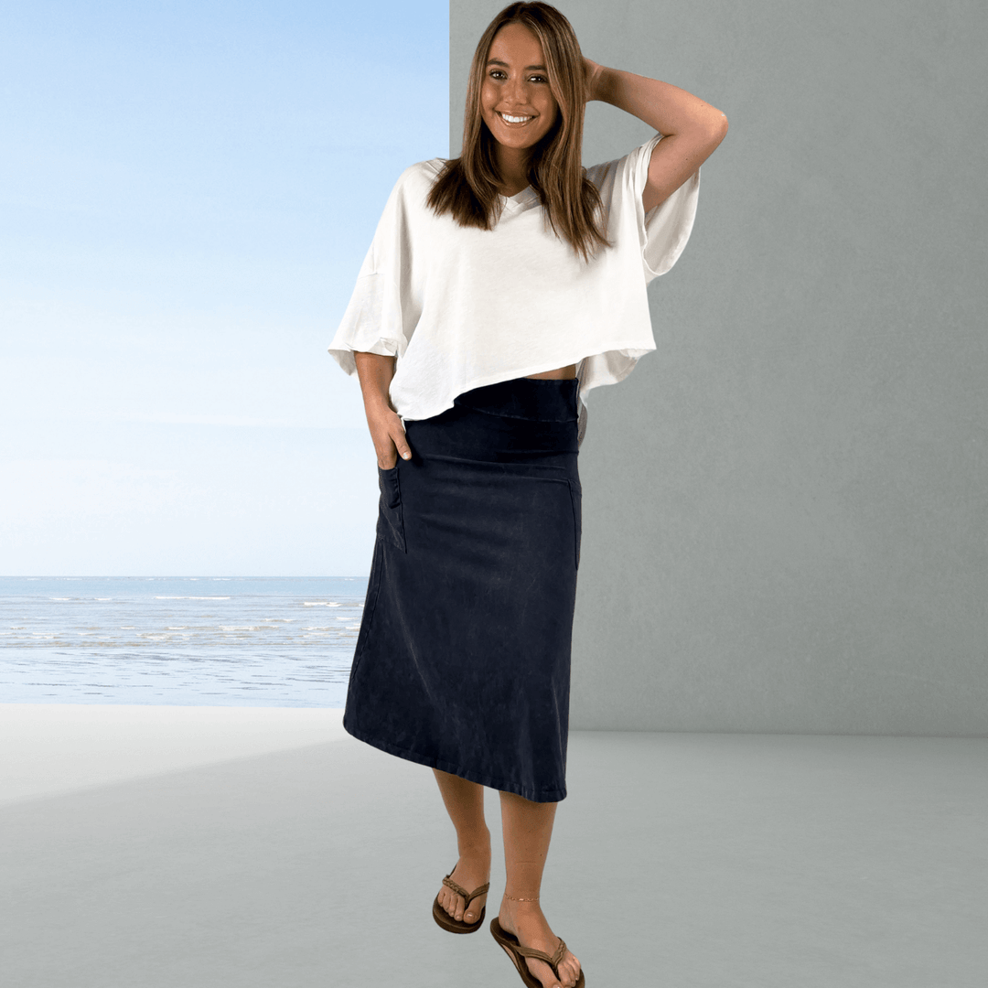 Made in USA Women's All Season Versatile Mineral Washed Cotton Stretch Midi Skirt, Side Patch Pockets, High Waist, Comfortable & Soft 4 Way stretch in Dark Grey-Blue Denim | Only Sold at Classy Cozy Cool Made in America Boutique