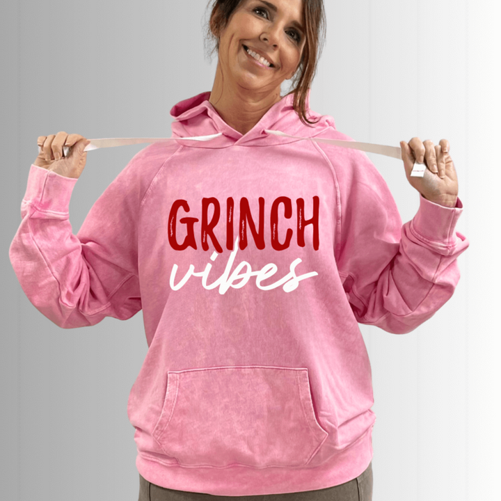 Made in USA, Grinch Vibes Graphic Cotton Poppy Pink Mineral Washed Sweatshirt Hoodie with Kangaroo Pockets | Classy Cozy Cool Women's Made in America Boutique