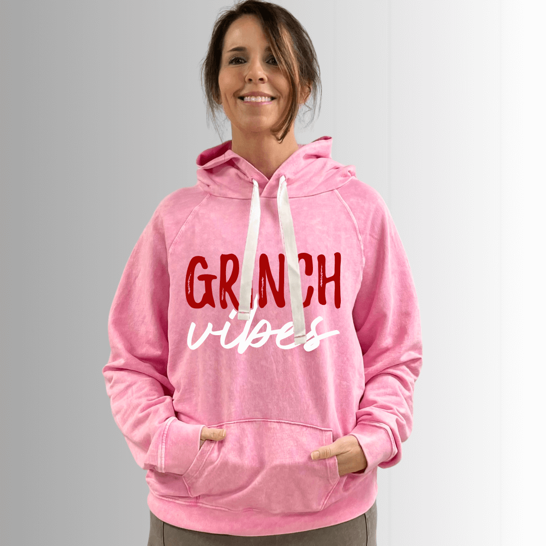 Made in USA, Grinch Vibes Graphic Cotton Poppy Pink Mineral Washed Sweatshirt Hoodie with Kangaroo Pockets | Classy Cozy Cool Women's Made in America Boutique