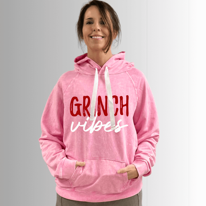 Made in USA, Grinch Vibes Graphic Cotton Poppy Pink Mineral Washed Sweatshirt Hoodie with Kangaroo Pockets | Classy Cozy Cool Women's Made in America Boutique