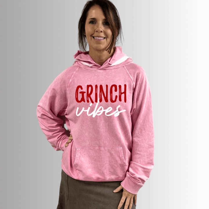 Made in USA, Grinch Vibes Graphic Cotton Poppy Pink Mineral Washed Sweatshirt Hoodie with Kangaroo Pockets | Classy Cozy Cool Women's Made in America Boutique