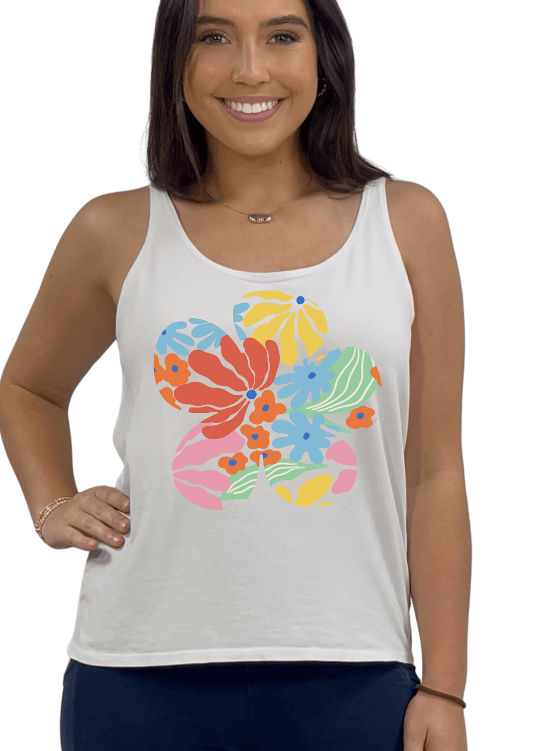 Made in USA Colorful Groovy Flower Graphic Women's Sustainable durable premium America-made cotton tank top | Classy Cozy Cool Made in USA Boutique