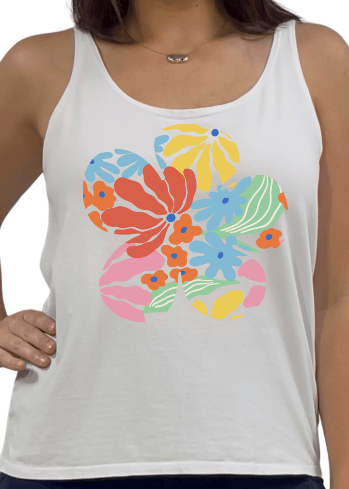 Made in USA Colorful Groovy Flower Graphic Women's Sustainable durable premium America-made cotton tank top | Classy Cozy Cool Made in USA Boutique
